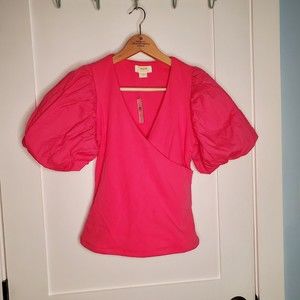 NWT, MAEVE - Anthropologie, Pink, Wrap, Short Balloon Sleeve TOP , XS